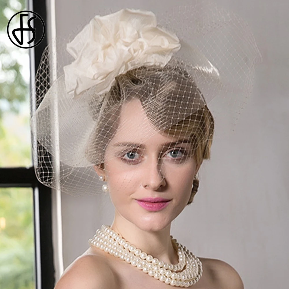 FS Beige Flowers Hat With Veils Fedoras 