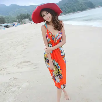 

Womens Bohemian Spaghetti Strap Sexy V-Neck Backless Bikini Cover Up Colored Sunflower Print Wrapped Beach Suit Cover-Ups