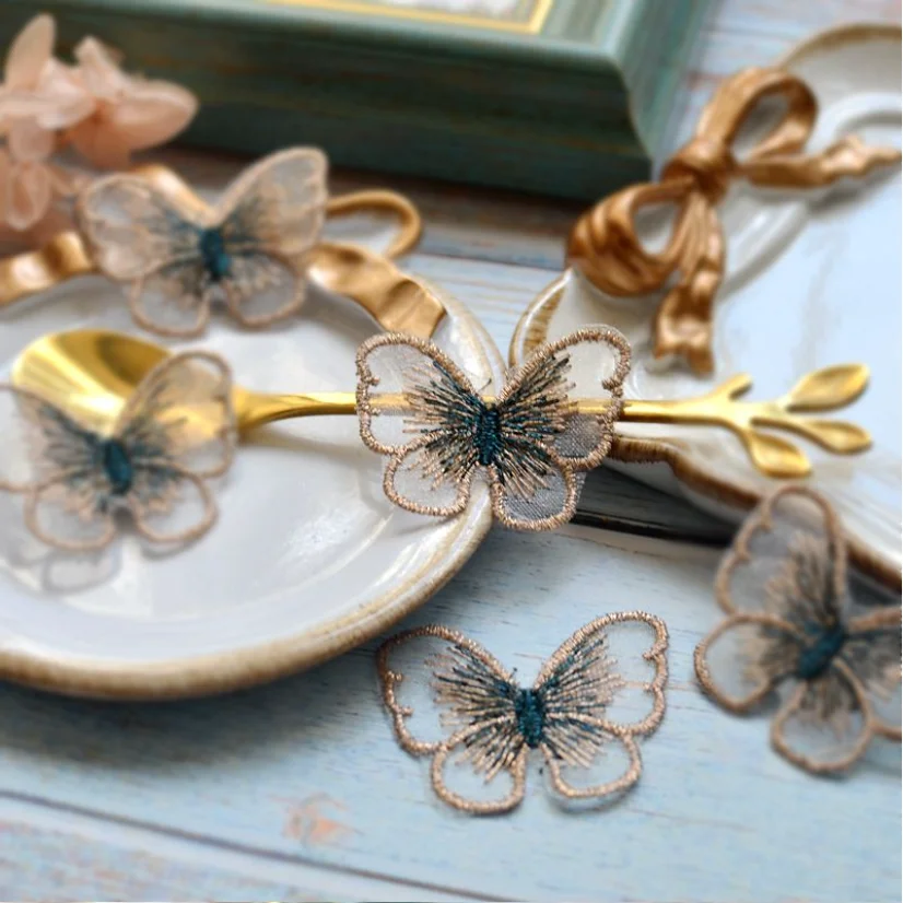 Vibrant Gold Thread Embroidered Butterfly Patches - Set of 10 in 14 Colors for Garment Embellishment