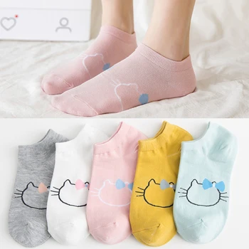 

1pair Socks Summer Korean Cartoon Bow Tie Cute Cat Printed Women's Boat Socks Low Cut Invisible Socks Girls Ankle Socks