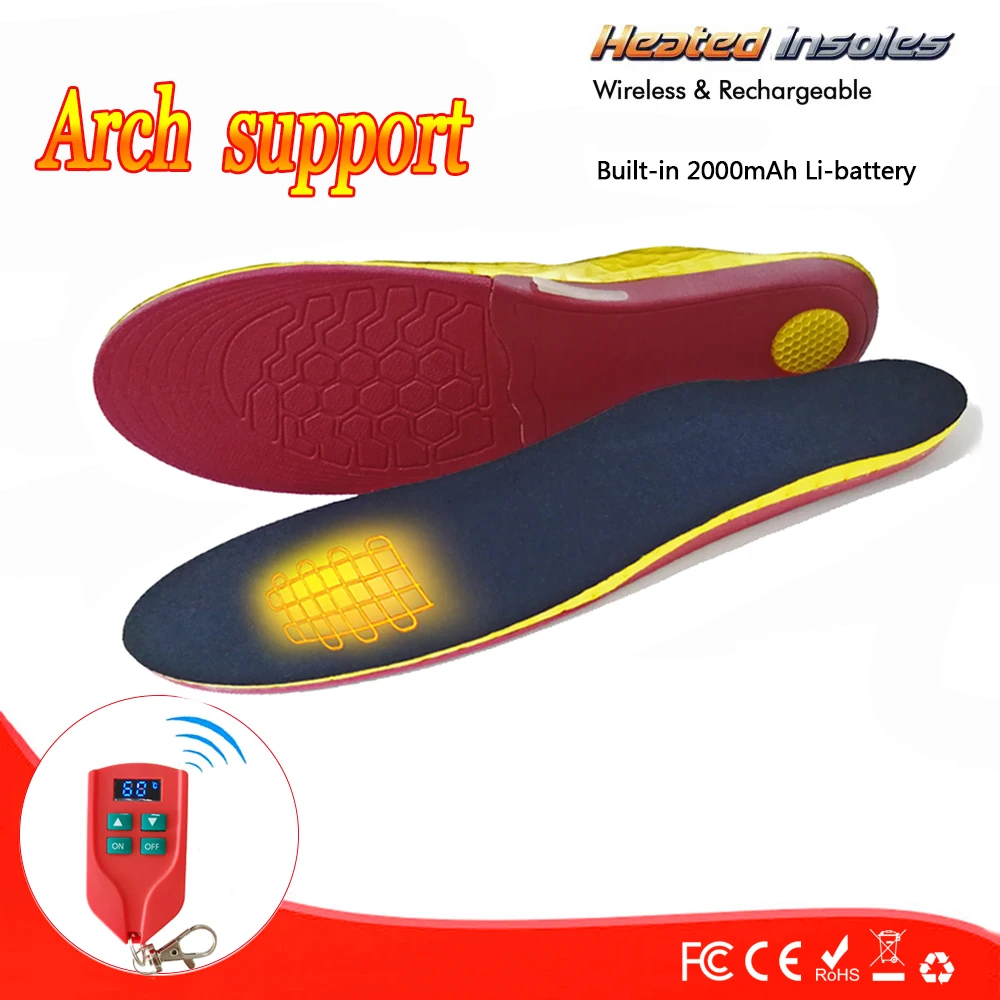 

2000mAh Battery Arch Support Electrically Heated Insoles with LED Display Remote Temperature Control for Skiing Hunting Cycling