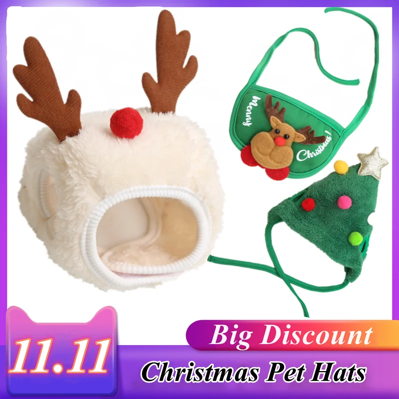 2 Colors Hair Bulb Winter S/L Cosplay Cat Dog Pets Festival Pattern Elk Pattern Cute Pet Saliva Towel Hat Christmas Costume