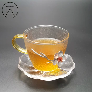 

Three-dimensional plum glass small tea cup Japanese hammer pattern non-slip heat-resistant Kung Fu tea set Cup holder,Coaster