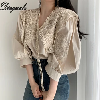 

Diganozlz Elegant embroidered shirt Puff sleeve Casual Lace Tops Autumn New fashion Women blouse
