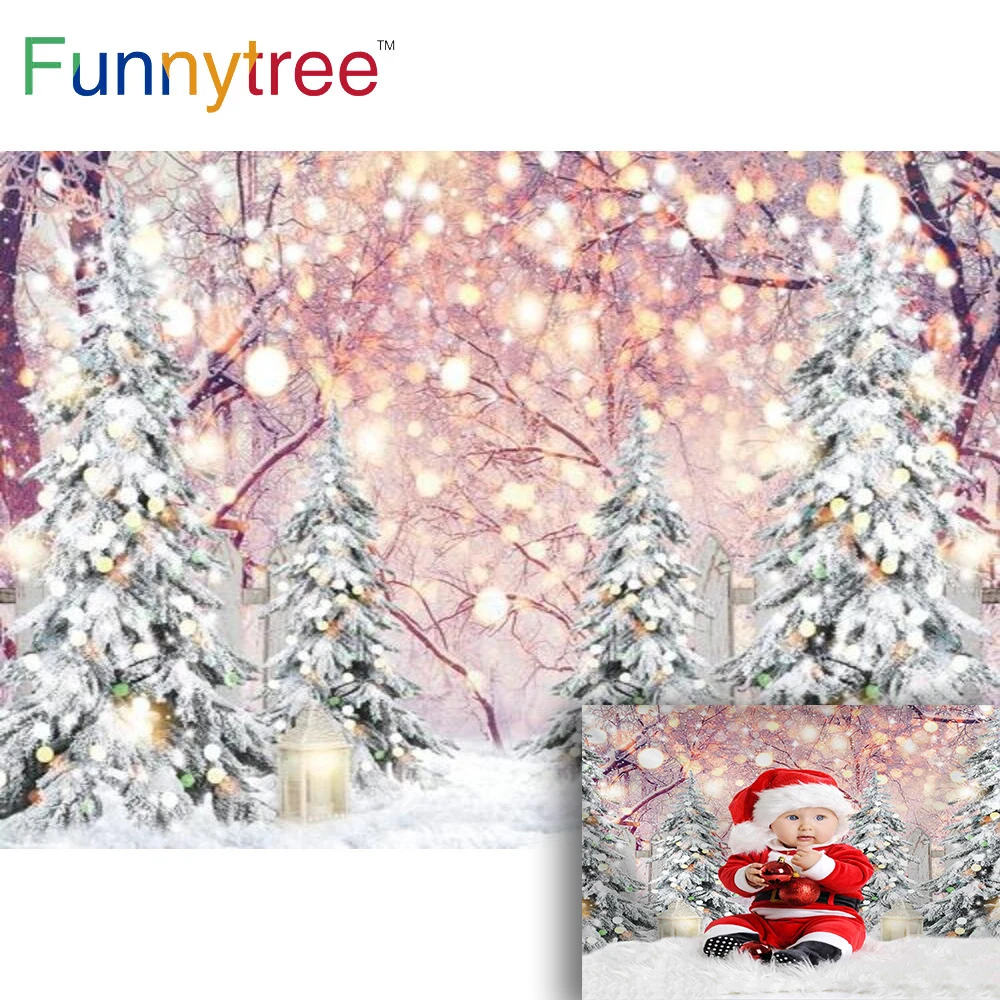

Funnytree Winter Snow Outdoor Christmas Scene Party Backdrop Lights Banner Candles Forests Bokeh New Year Photocall Background