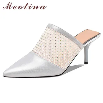 

Meotina Women Pumps Crystal Real Leather High Heels Mules Shoes Pointed Toe Cutouts Stiletto Heel Lady Shoes Summer Apricot 40