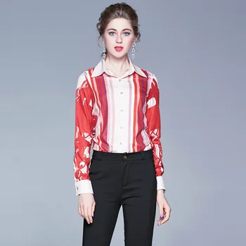 

Pink Striped Print Women Shirt Top Elegant Fashion Spring Summer Work Wear Long Sleeve Female Blouse Office Lady Blouses Shirts