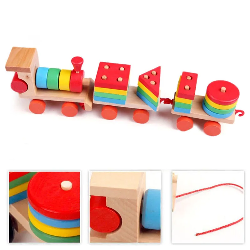 

Cute Little Train Toys Vehicles Cars For Baby Kids Early Childhood Education Wooden Geometric Building Blocks Play House Game