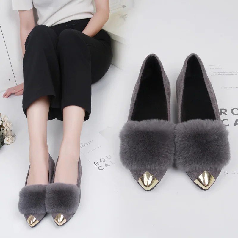 

2018 Europe And America Fashion Metal Pointed-Toe Versatile Fluffy Shoes Low-Flat Keel Thin Shoes Trend WOMEN'S Shoes Xz150