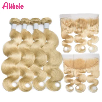 

ALIBELE 613 Bundles With Frontal Brazilian Body Wave Remy Human Hair 3 Bundles With Closure Honey Blonde Bundles With Frontal