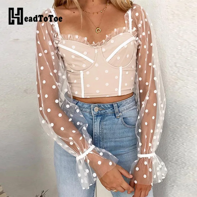 

Dot Print Sheer Bell Bottom Sleeve Blouse Tops Women Short Style Backless Casual Blouses