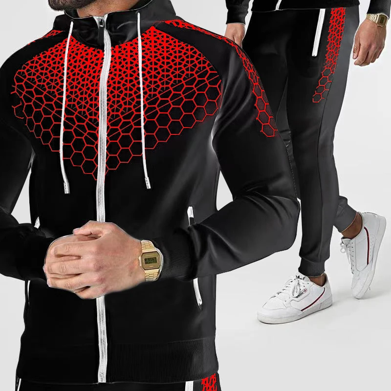 New men's zipper jacket suit two-piece outdoor fitness running sports popular hooded jacket outdoor sports pants sportswear suit