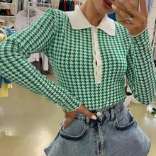 

Women's Houndstooth Buttons Knitted Bodysuits Female Polo Collar Long Sleeve Sweater Playsuits Elegant Autumn Fashion