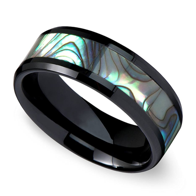 Personality Abalone Shell & Hawaiian Koa Wood Inlay Tungsten Carbide Ring For Men Anniversary Birthday Party Jewelry Gift