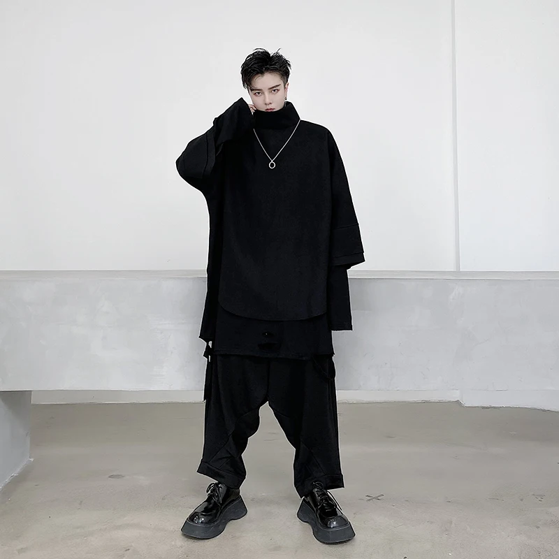 

Autumn new dark men's high collar seven point sleeve sweater Youth Street hip hop loose coat fashion