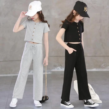 

EACHIN Grils Set Summer Gril's Fashion Suit 2 Piece Outfits Sets Breathable Comfortable Solid T-shirt+Loose Wide Leg Pants Sets
