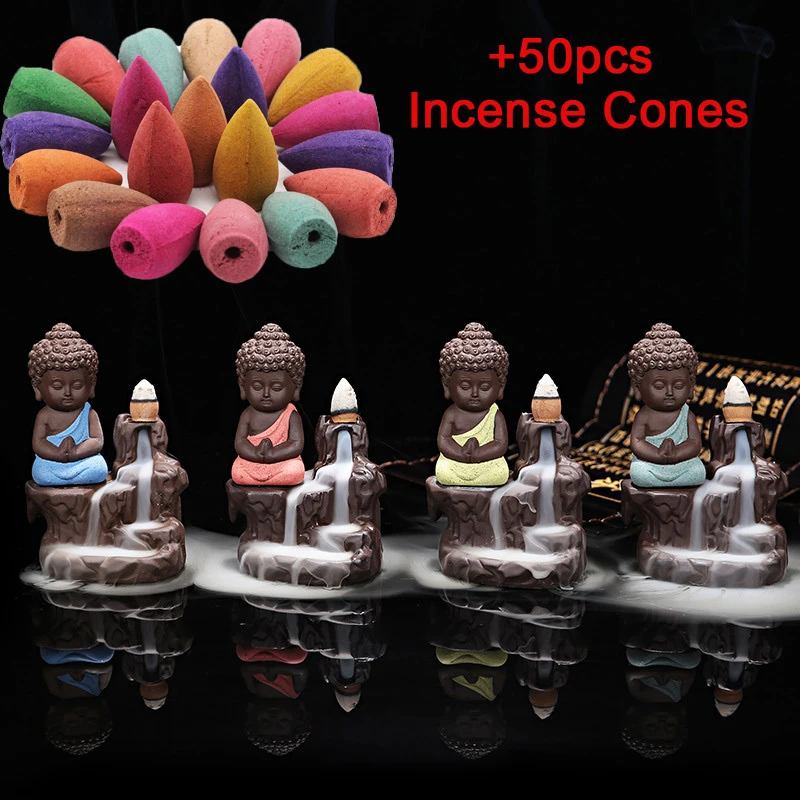 50Pcs Incense Cones+ 1Pc Burner The Little Monk Small Buddha Censer Ceramic Waterfall Backflow Incense Burner Holder Home Decor