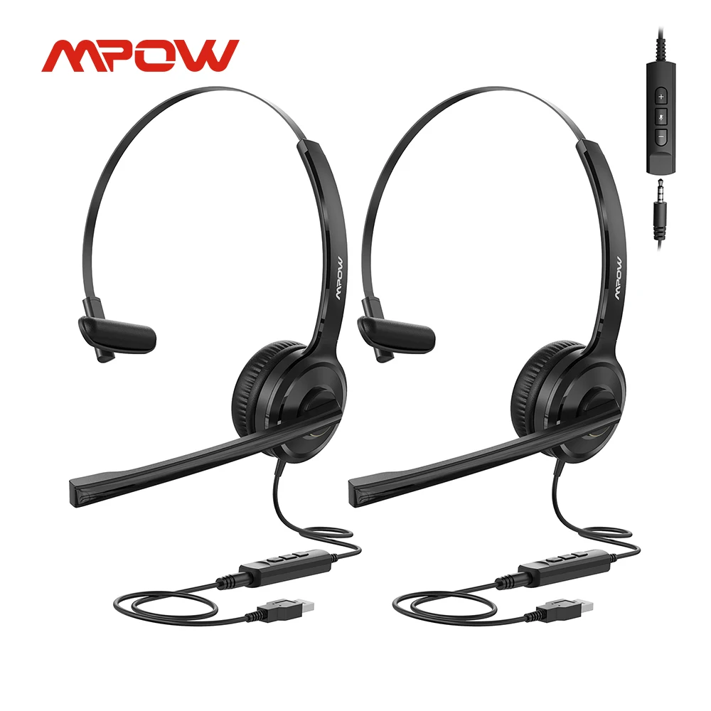 2 Pack Mpow USB Headset with Microphone for PC 3.5mm Business Headsets with Noise Cancelling Mic Mute for Call Center Headphones