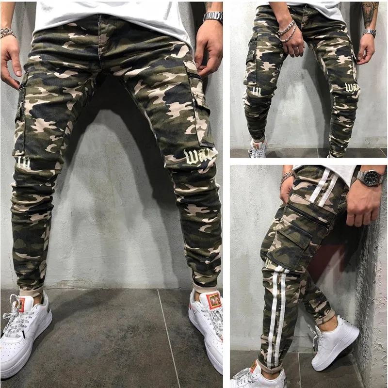 

Mens Skinny Stretch Pencil Denim Pants Camouflage Pleated Slim Fit Jean Trousers Side Stripe Cargo Jeansy Male Clothing Hot Sale