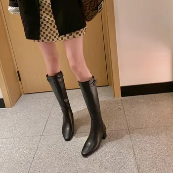 

MLJUESE 2021 women knee-high boots leather winter short plush brown color buckle strap square toe female high boots size 40