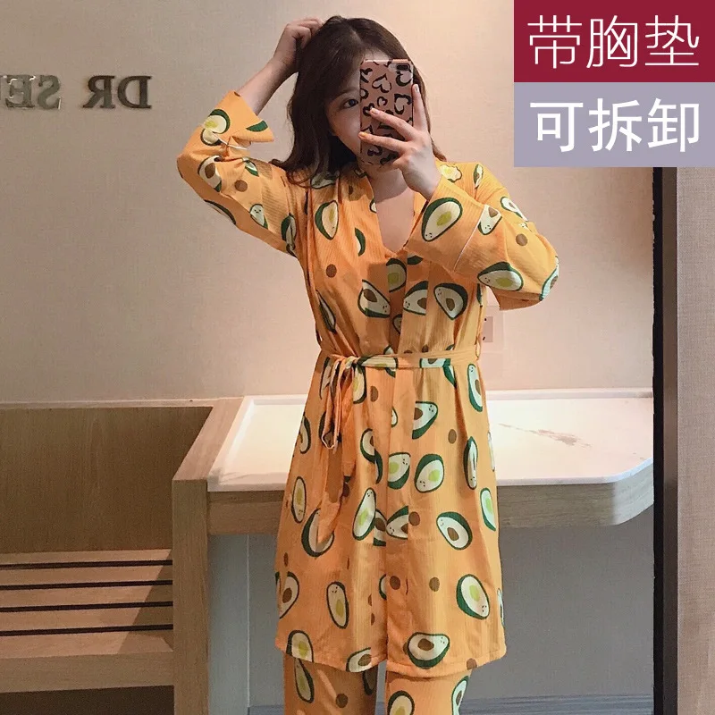 

CH-N Oil Fruit Three-piece Set Long Sleeve Camisole Sweet Pajamas Homewear Set Series