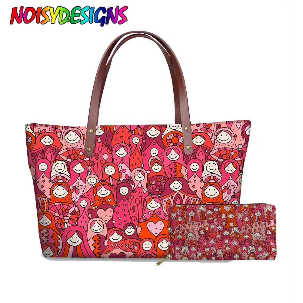 

NOISYDESIGNS Customized Handbags Women Bags Red Design Matryoshka Pattern Large Capacity Messenger Bags for Female Tote Bags