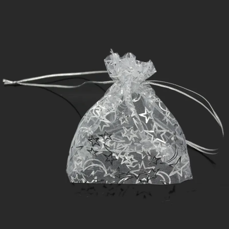 Doreen Box Organza jewelry storage bags Drawstring Rectangle White Star Moon Pattern 12cm x 10cm(4 6/8&quotx3 7/8&quot) 100 PCs | Дом и сад