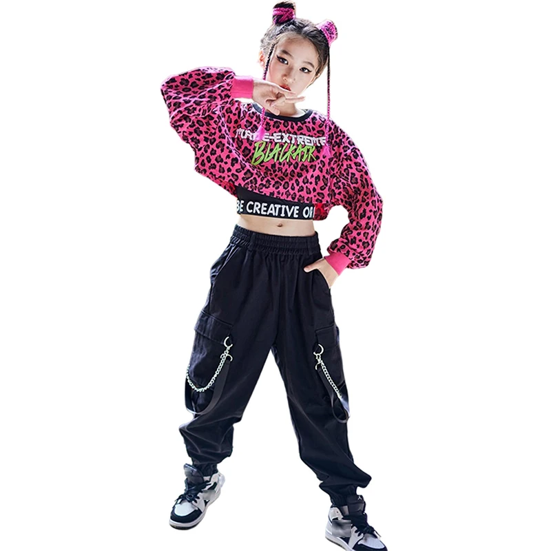 New Jazz Dance Costume Kids Girls Pink Leopard Top Long Sleeves Casual Cargo Pants Hip Hop Dance Clothes Street Rave Wear BL7337