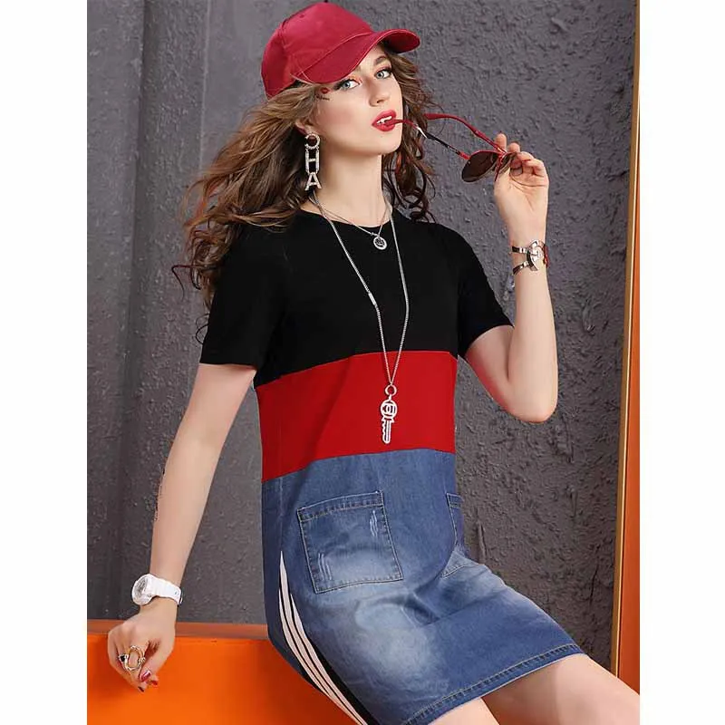 

Ozhouzhan Short-sleeve Dress Women's 2019 New Style Fashion Cowboy Joint Popular Brand Versatile Mixed Colors T-shirt Dress