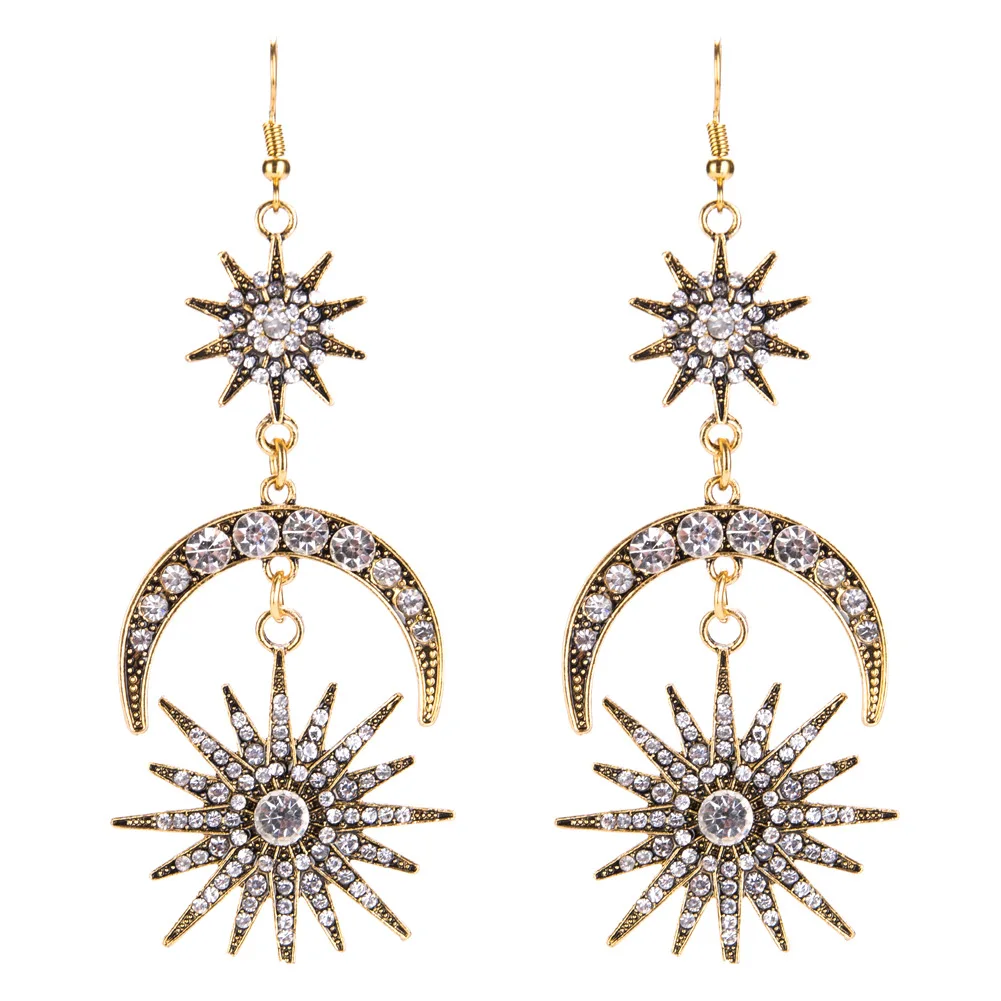 Exaggerated big woman star half moon inlaid zircon shiny multi-layer earrings tassel long earring banquet gift girl | Украшения и