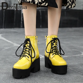 

DORATASIA Ladies Fashion Metallic Ankle Boots High Block Heels Boots Women Autumn Cool lace-up Platform Shoes Woman
