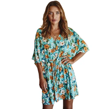 

Women Clothes Big Floral Print Boho Dress Half Sleeve Deep V-neck Button Holiday Beach Dress Summer Waist Lace Up Loose Dresses