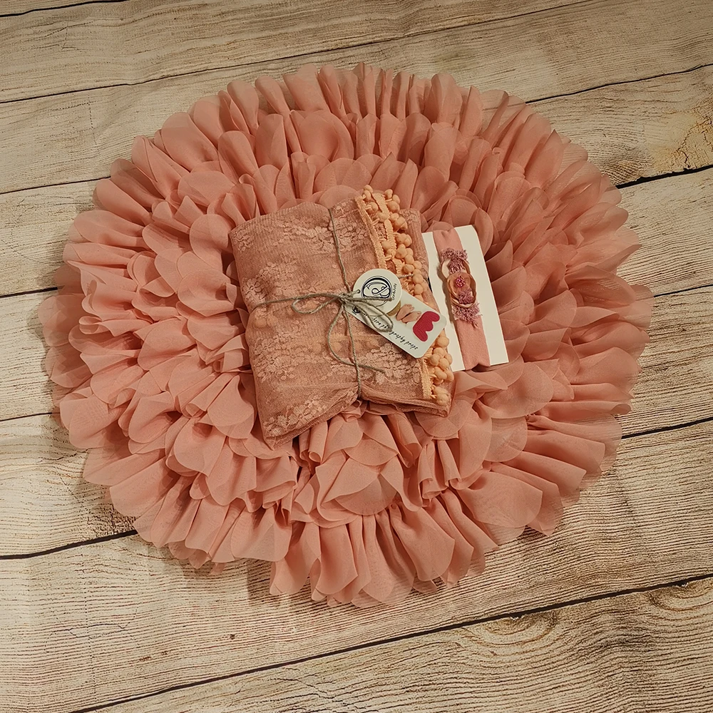 

50cm Flower Soft Chiffon Cushion+ 150*45cm Stretch Lace Wrap with ball fringe+matched headband for Newborn Photography Props