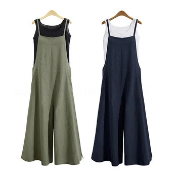 

2 Pcs Women Casual Solid Spaghetti Straps Wide Leg Pants Pockets Loose Bib Cotton Linen Jumpsuits XL, Green & Dark Blue