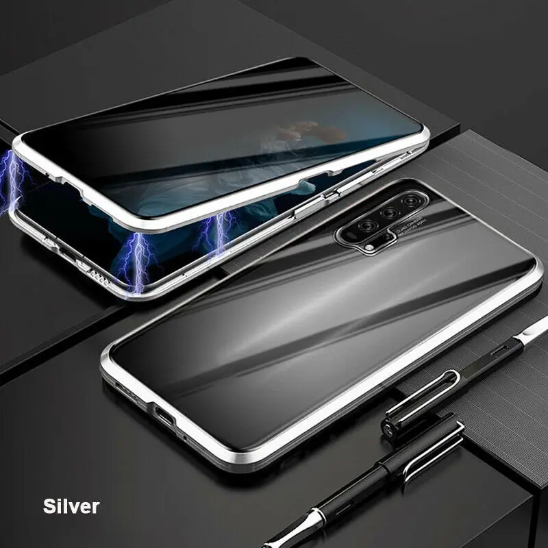 Металлический магнитный чехол для телефона huawei Honor P20 P30 mate 20 30 8X 9X 20i V20 Nova 4 5 5i Pro, закаленное стекло, защита от подписывания - Цвет: Silver