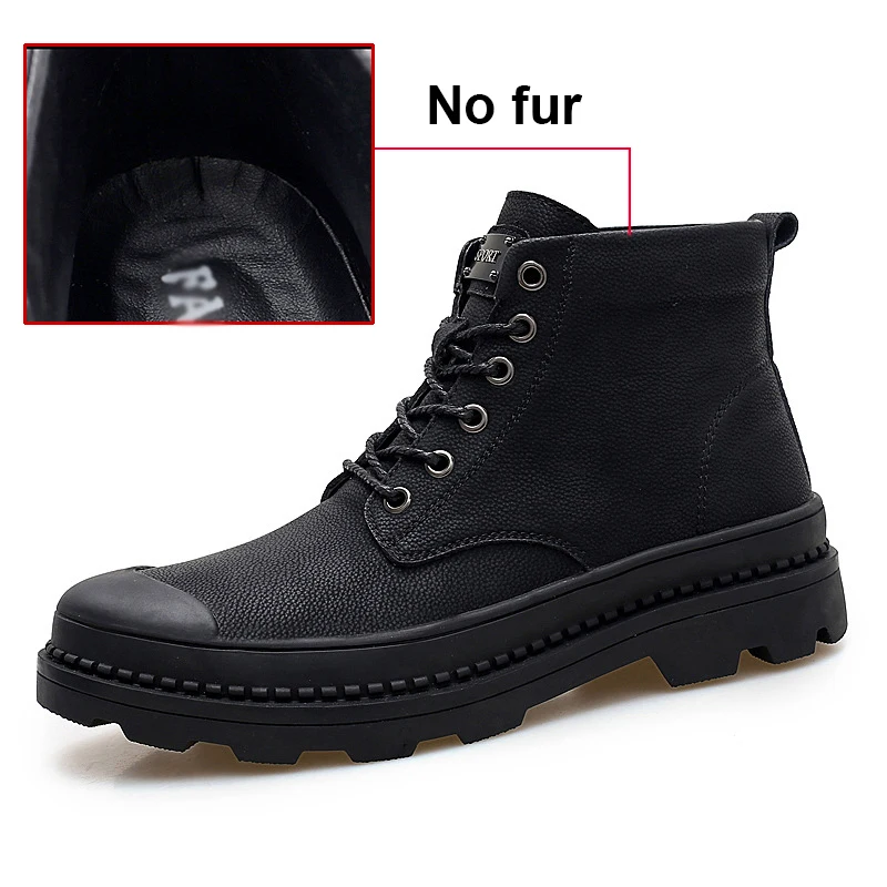 Black without fur MRCAVE/черные теплые зимние мужские ботинки ботильоны из натуральной кожи Зимняя рабочая обувь на шнуровке мужские зимние ботинки на меху в стиле милитари для мужчин - Цвет: Black without fur