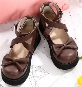 Японский kawaii для девочек; милые туфли в стиле «Лолита» круглый носок, толстая подошва, милый бант обувь kawaii платья диснеевских принцесс лоли женская обувь - Цвет: Коричневый
