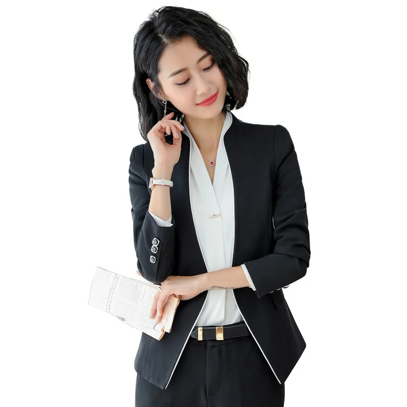 Модные женские деловые брючные костюмы униформа формальная одна застежка куртка и брюки Черный Серый Блейзер комплект женщина OL 2 шт костюмы