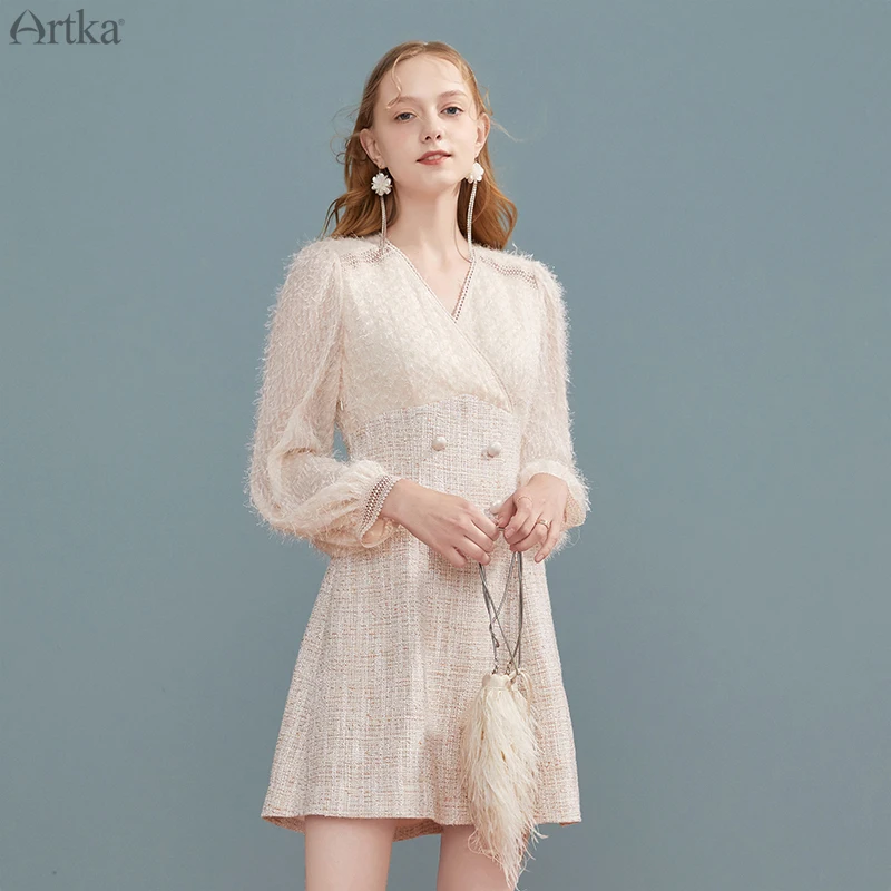 ARTKA 2020 Autumn New Women Dress Elegant Lace V