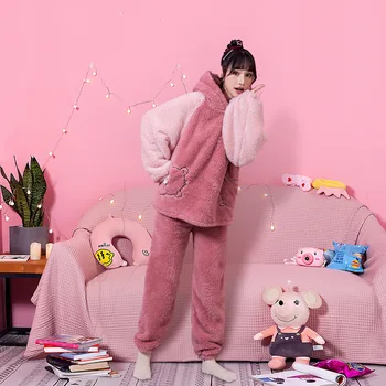 

Pajama Set Women Winter Thickened Plush Home Suit Hoodie Set Lovely Casual Two Piece Home Wear Loungewear Pyjamas Sleepwear
