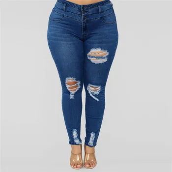 

High Waist Jeans Boyfriends Fashion Womens Plus Size Pocket Hole Denim Button Zipper Slim High Elastic Washed Pants Jeans E17