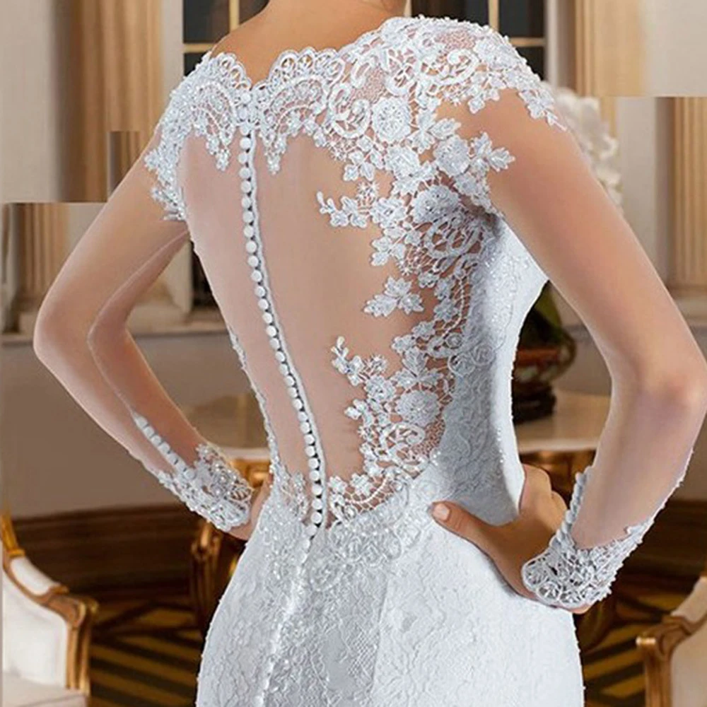 bridal shower dress Gorgeous Illusion Back Mermaid Wedding Dresses Lace Appliques Beaded Bridal Gowns Long Sleeve Vestido De Noiva White Bride Dress long sleeve bridal gowns