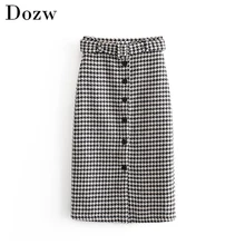 Женские юбки, винтажная элегантная твидовая юбка миди с поясом, модная Офисная Женская юбка с пуговицами, шикарная клетчатая юбка с разрезом