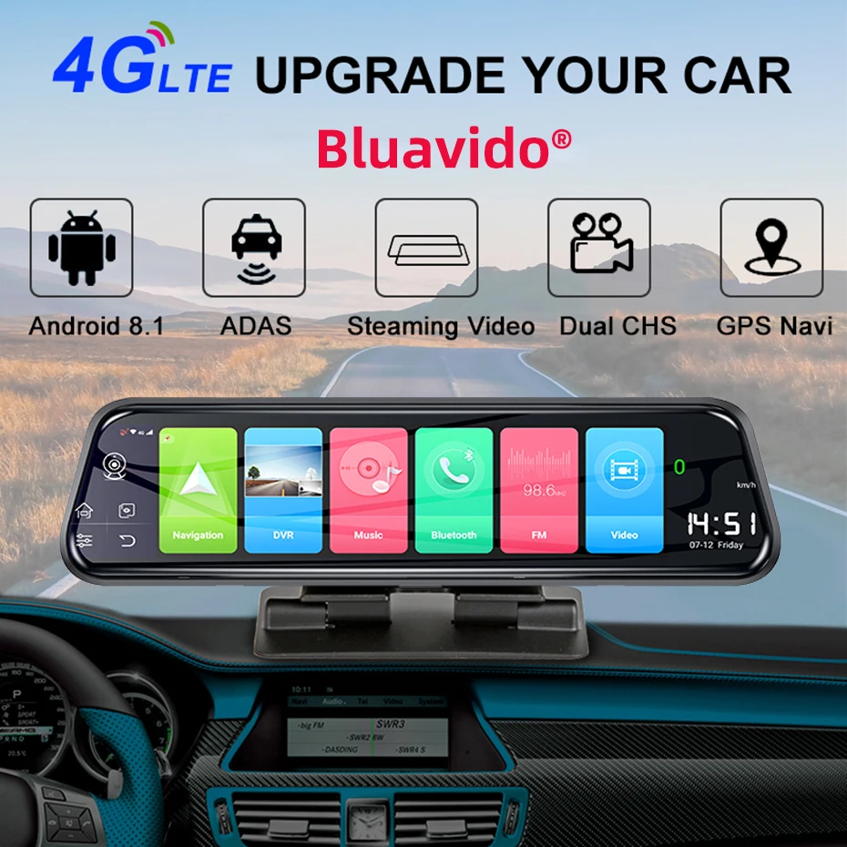Bluavido 10 &quot4G Android Видеорегистраторы для автомобилей Камера GPS Naivgation ADAS FHD 1080P