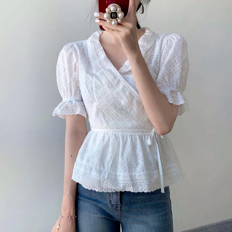 Happy Girl тонкая приталенная юбка с оборками, открытая блузка с буфами на рукавах, рубашка с рюшами, Женский Топ, Kawaii Chemise Femme Blusa Mujer