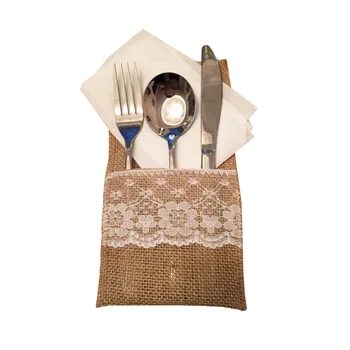 

10Pcs Burlap Lace Cutlery Pouch Rustic Wedding Tableware Knife Fork Holder Bag Hessian Jute Table Decoration Accessories