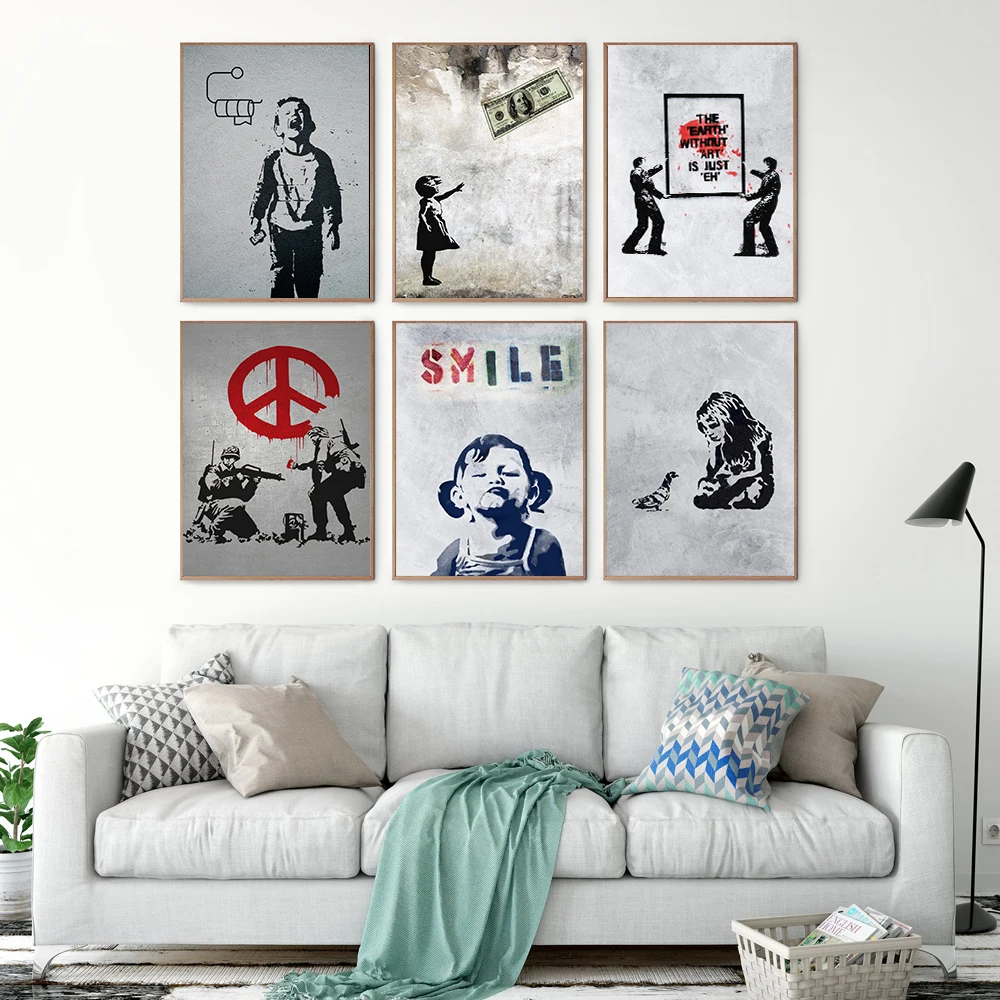 Banksy Graffiti Art Abstract Canvas Painting Posters and Prints Smile Quote Little Girl Boy Money Wall Picture Home Decor | Дом и сад