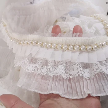 

wide three layers chiffon lace 3D Pleated Ruffle Trim Embroidery Ribbon Wedding Dress beaded DIY Sewing Supplies 2y lace fabric