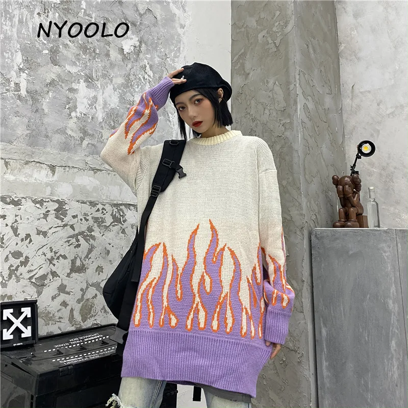 NYOOLO осенне-зимняя уличная мода Пламенные Лоскутные свободные свитера Повседневные пуловеры с длинными рукавами и круглым вырезом Свитера Женская и мужская верхняя одежда