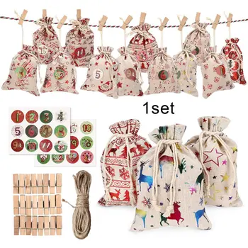 

24pcs Christmas Gift Bags 10x14cm Festival Packing Linen Sacks Xmas Tree House Decor Pendant Bag Rope Clip Stickers Set